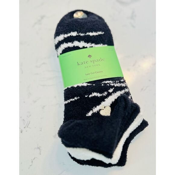 Kate Spade Low Cut Cozies Socks Black White Logo Fuzzy Fluffy 3pk KSNY - Picture 3 of 3